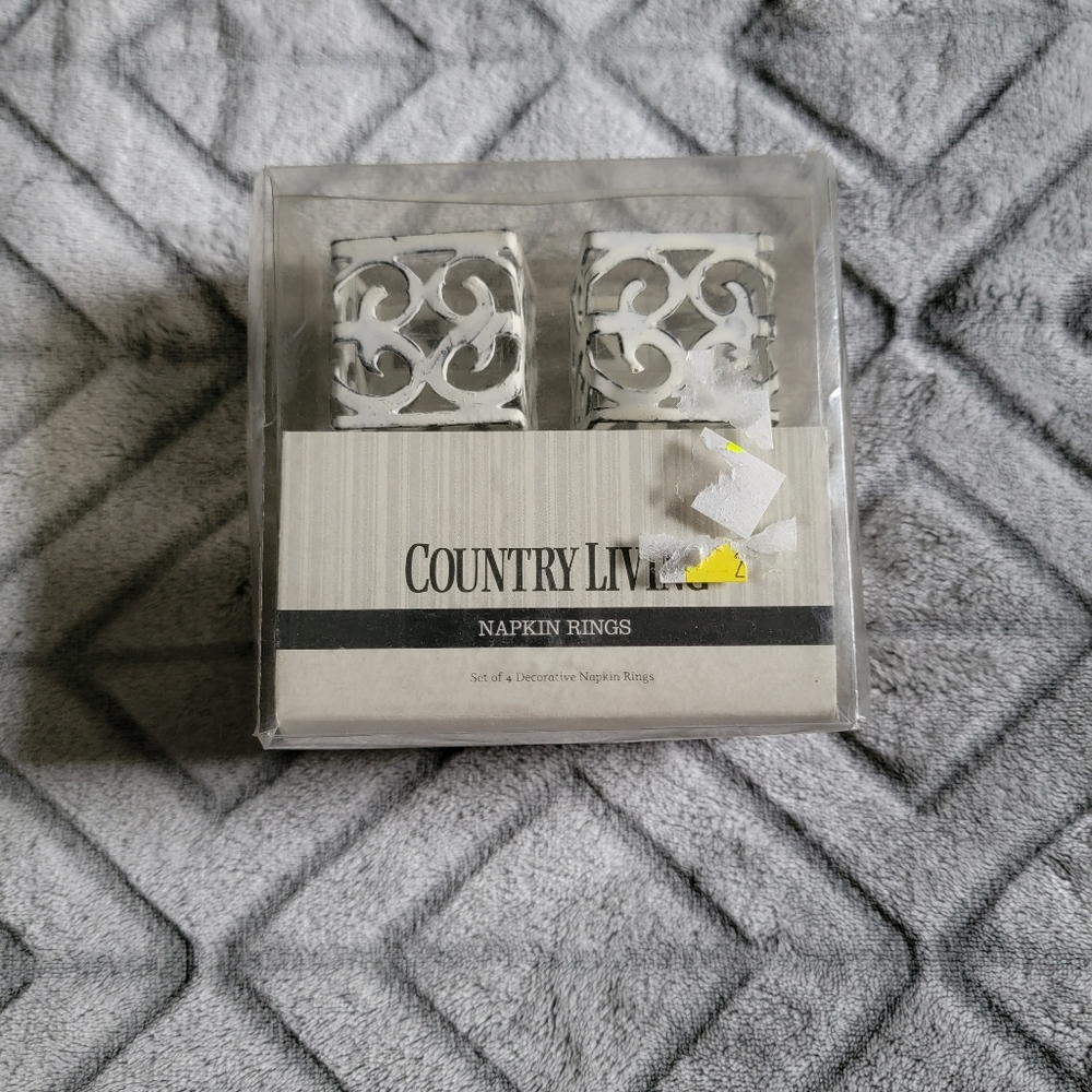 Country Living White Napkin Rings Farmhouse 4pc Stamped Scroll Square
